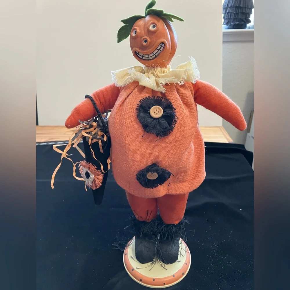 Handmade Halloween Pumpkin Cloth Figurine 15” Happy Pumpkin Head